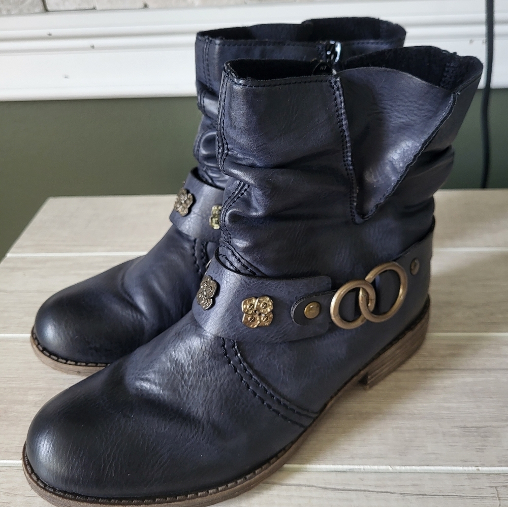 Rieker Women Peggy Blue Ankle Winter Boots Buckle Side Zipper 5.5 US 36‎ EU